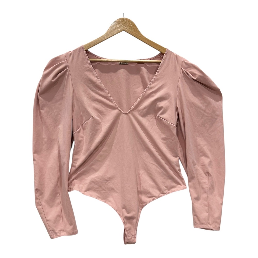 Intimately Free People Pink Puff Sleeve Deep V-Neck Thong Bodysuit Womens XL
